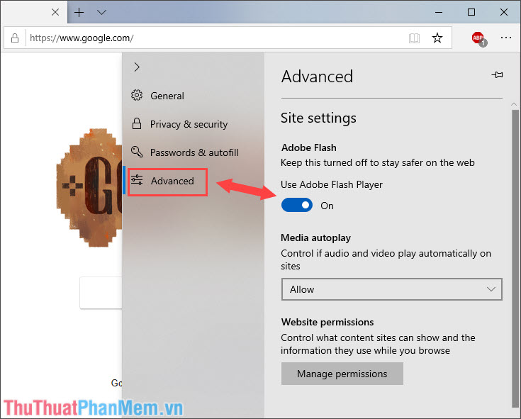Chuyển qua thẻ Advanced và gạt công tắc Use Adobe Flash Player sang On