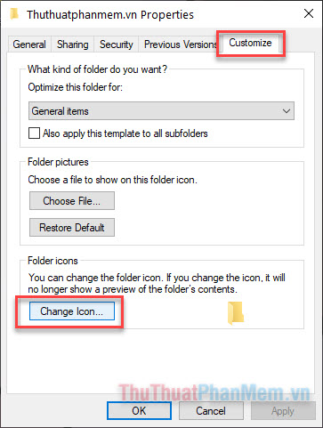 Chuyển sang tab Customize và chọn Change Icon