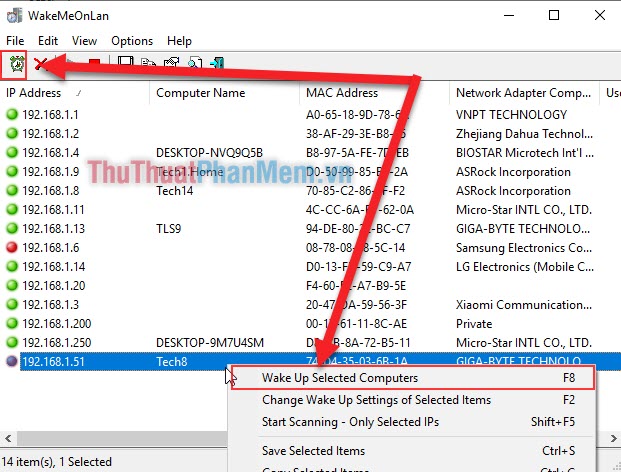Click chuột phải chọn Wake Up Selected Computers (F8)