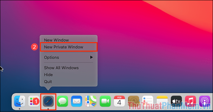 Click chuột phải vào biểu tượng Safari trên thanh Dock và chọn New Private Windows