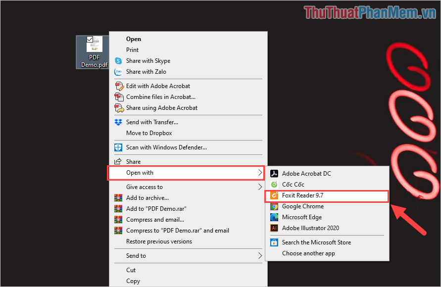 Click chuột phải vào file PDF và chọn Open With - Foxit Reader để mở