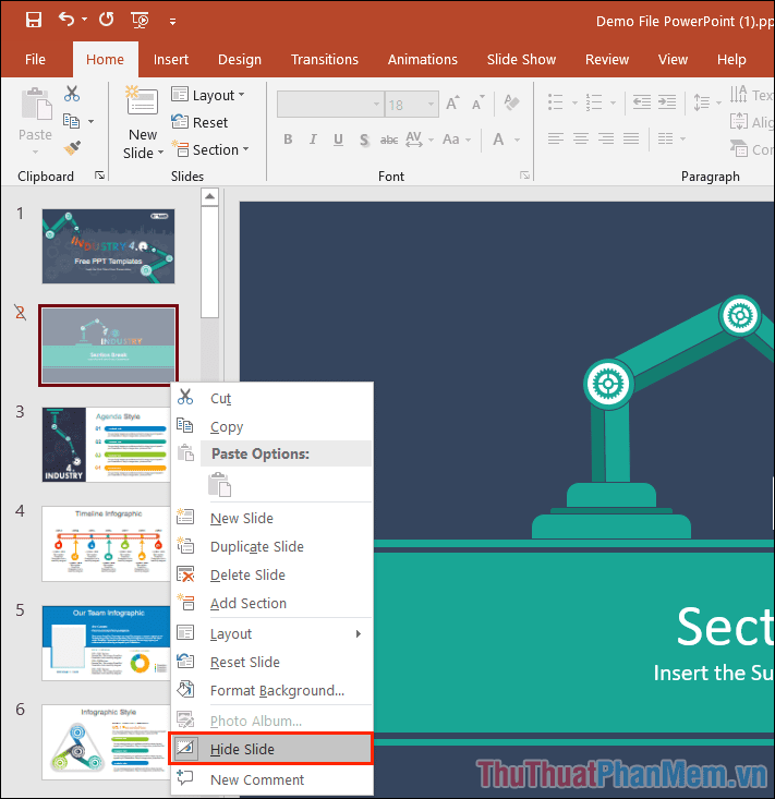 Click chuột phải vào Slide bị ẩn trong danh sách và chọn Hide Slide để tắt tính năng ẩn Slide trên PowerPoint