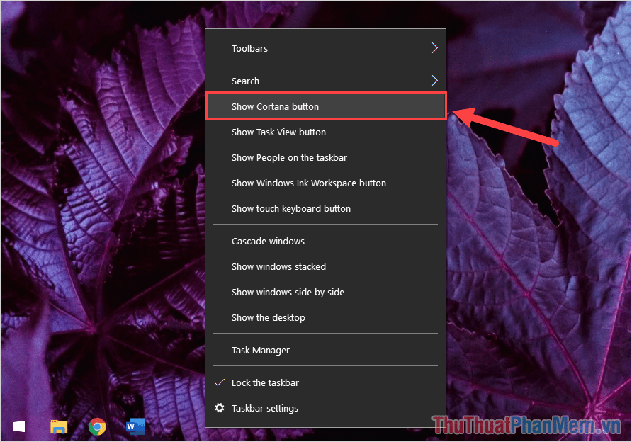 Click chuột phải vào thanh Taskbar và chọn Show Cortana button