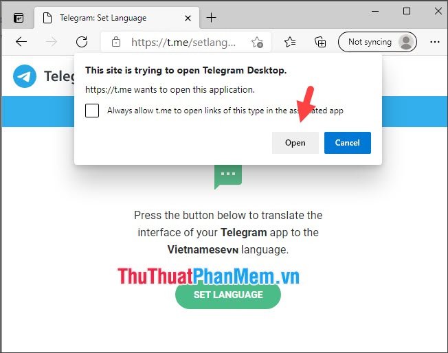 Click Open để mở ứng dụng Telegram Desktop lên