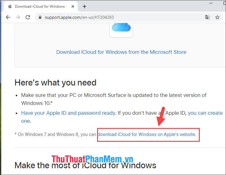 Click vào download iCloud for Windows on Apples website