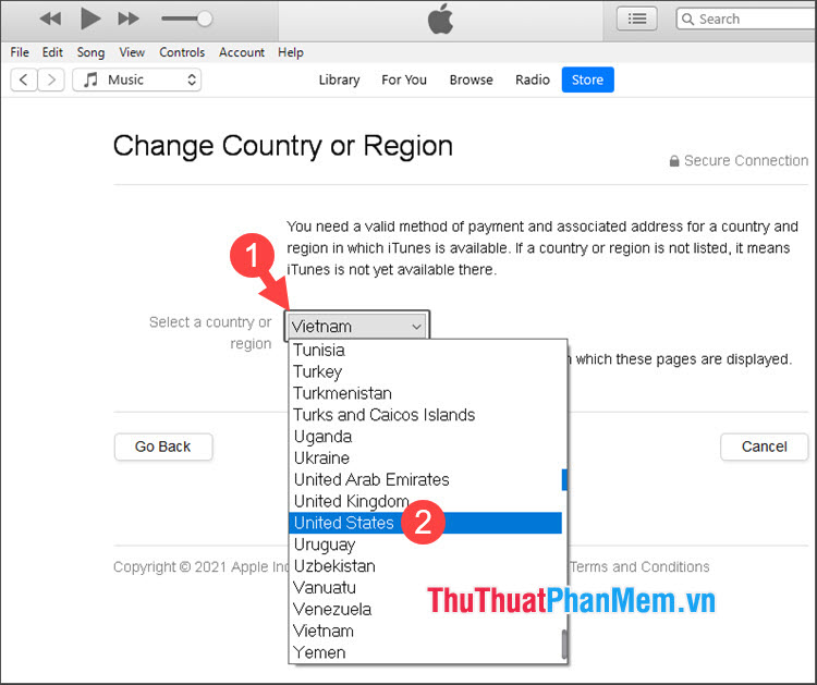 Click vào Select a country or region rồi chọn quốc gia muốn thay đổi