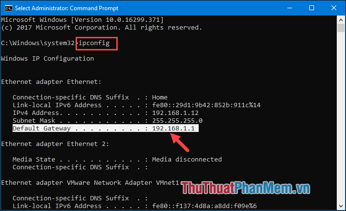 Cửa sổ Command Prompt hiện lên, nhập lệnh ipconfig và nhấn Enter