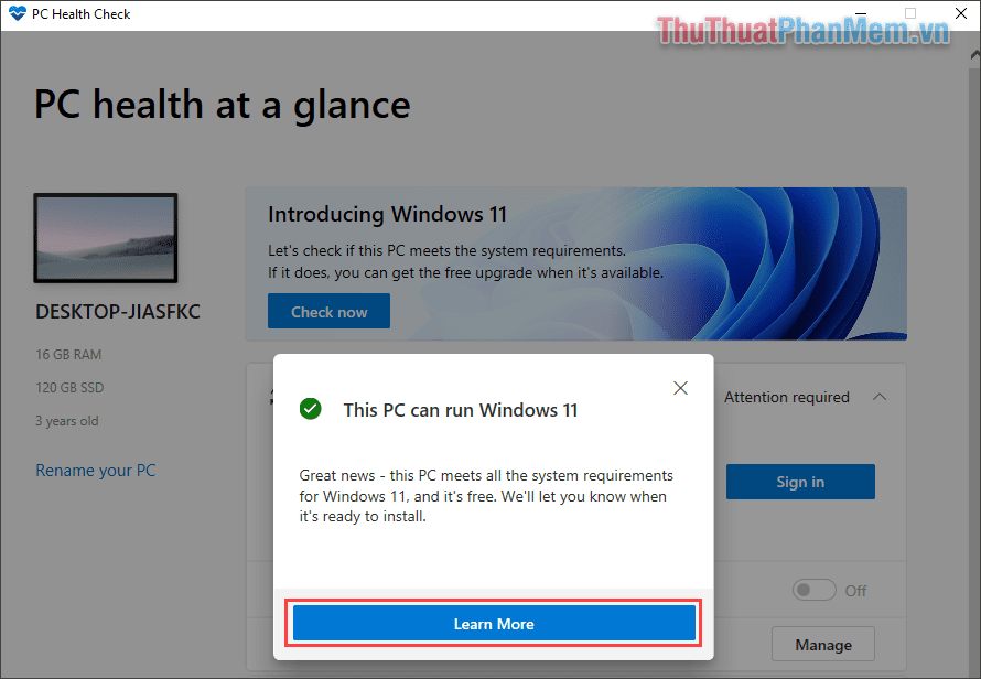Cửa sổ thông báo thiết lập TPM 2.0 biến mất và thay vào đó là cửa sổ cho phép cài đặt Windows 11 trên máy tính