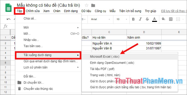 Để tải file Excel về: chọn Tệp - Tải xuống dưới dạng - chọn định dạng