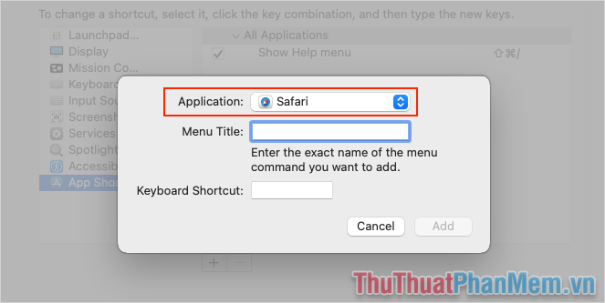 Để tạo phím tắt cho trình duyệt Safari, các bạn tiến hành thiết lập mục Application thành Safari.app