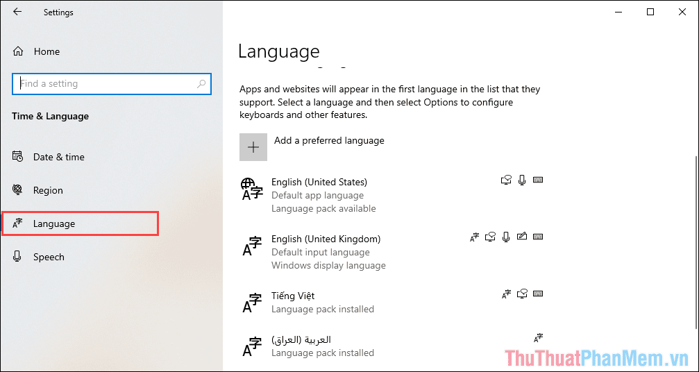 Để xem được toàn bộ các ngôn ngữ đang được thêm trên máy tính, bạn chỉ cần chọn thẻ Language và kiểm tra