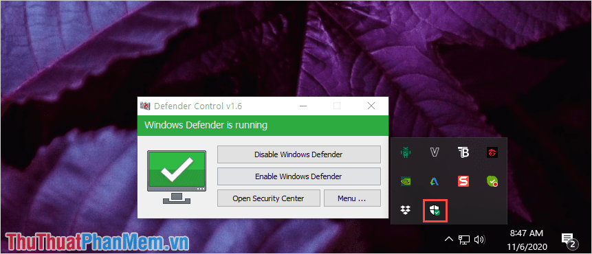 Defender Control sẽ tự động mở trên máy tính và mặt định sẽ là bật Windows Defend