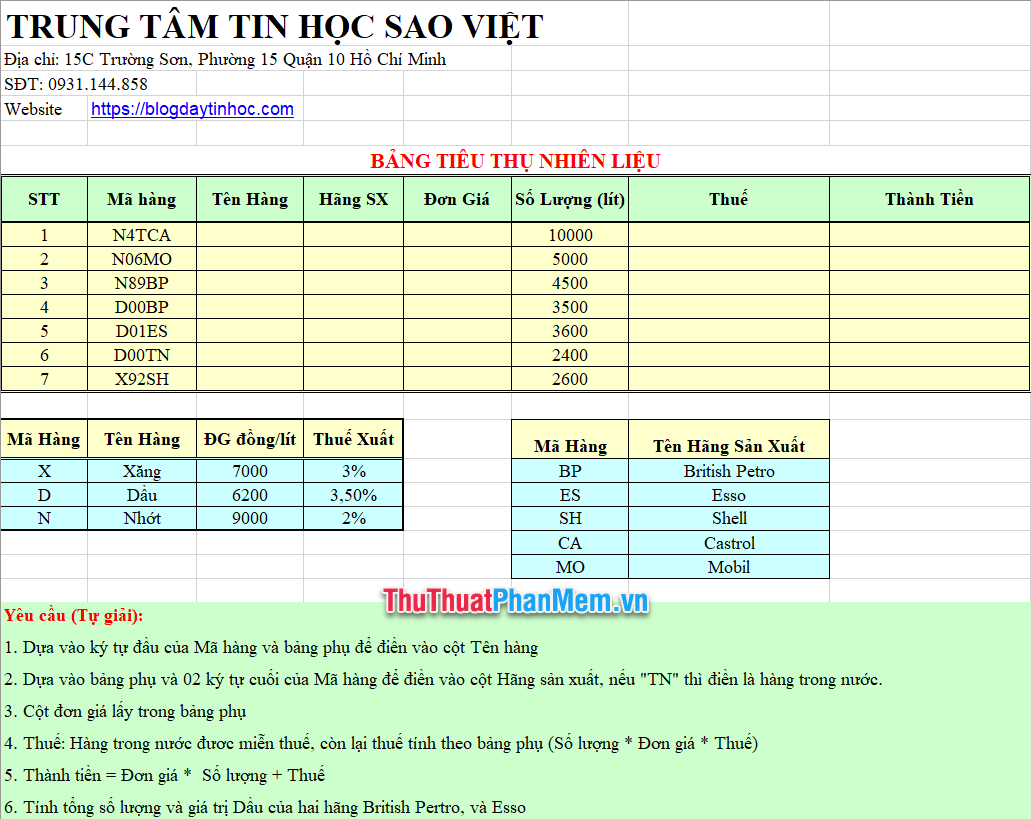 Demo Test tuyển dụng bằng Excel 2