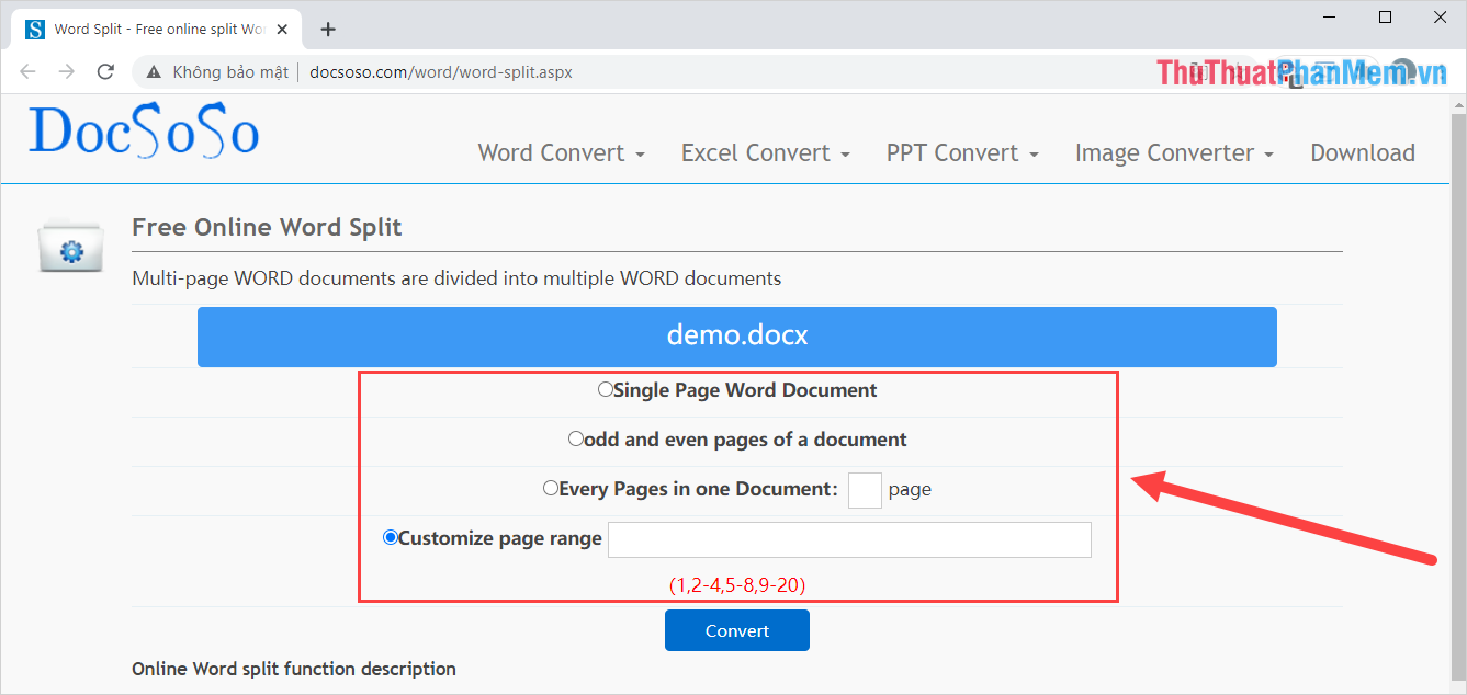 Dịch vụ Docsoso cung cấp rất nhiều chế độ cắt file Word khác nhau