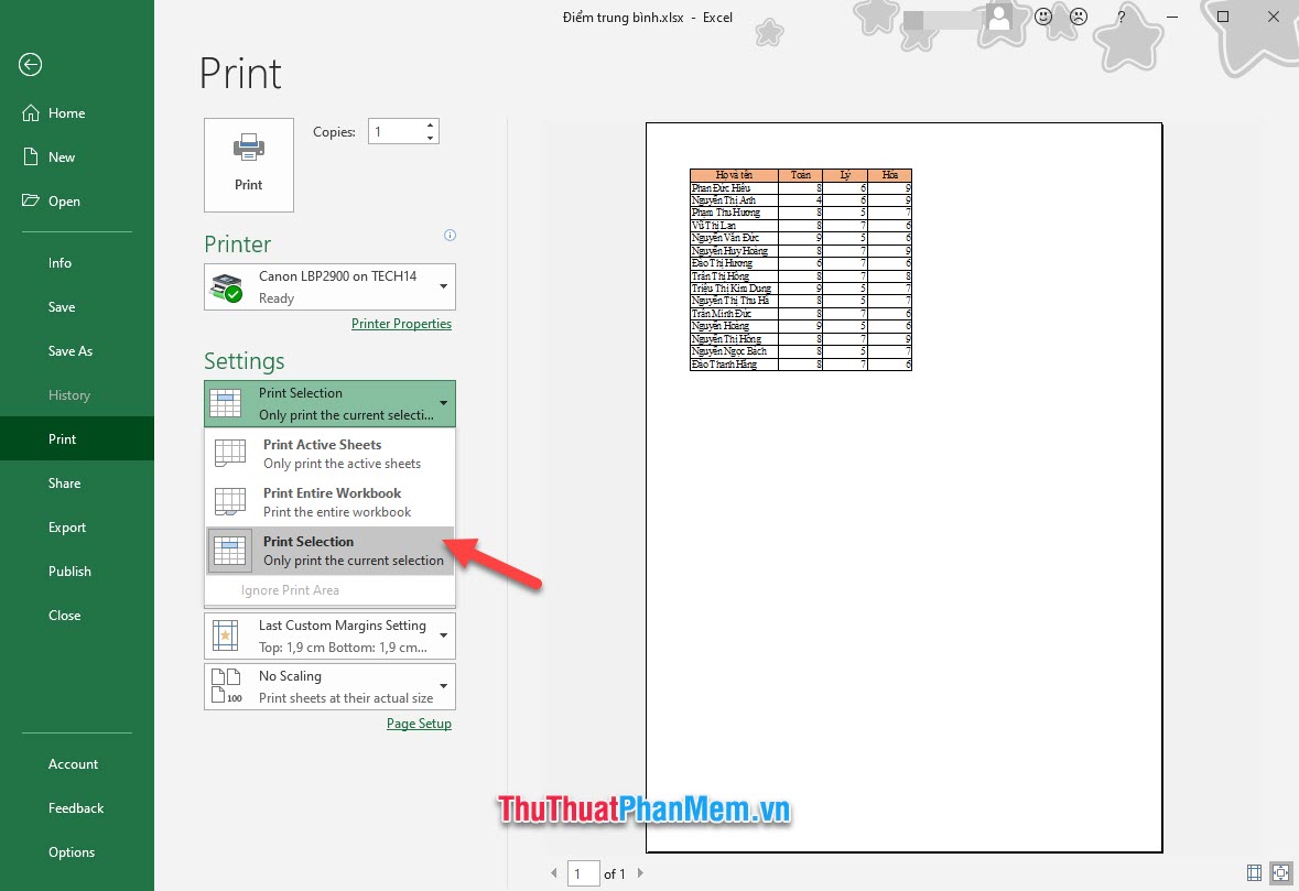 Đổi Print Active Sheets mặc định (tùy chọn đầu tiên trong mục Settings) thành Print Selection