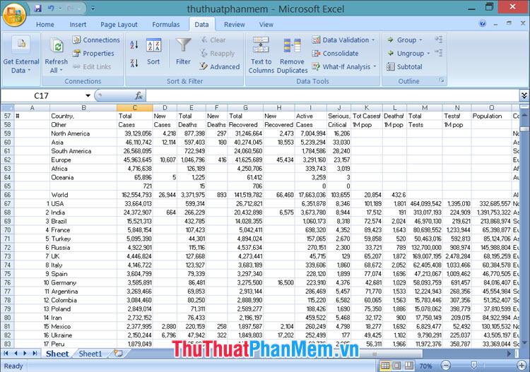 Dữ liệu lấy từ trang web sẽ hiển thị trên trang tính Excel