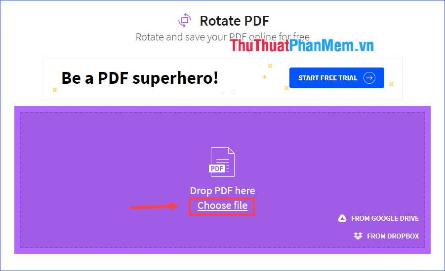 Dùng chuột kéo file PDF cần xoay rồi thả vào vùng Drop PDF here