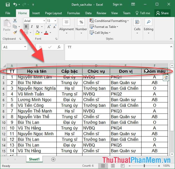 File dữ liệu từ Excel chứa danh sách hàng tiêu đề phải là hàng đầu tiên trên cùng