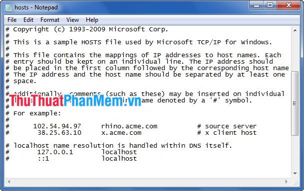 File hosts mở bằng Notepad