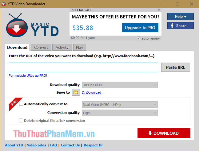 Giao diện chính của phần mềm YTD Video Downloader