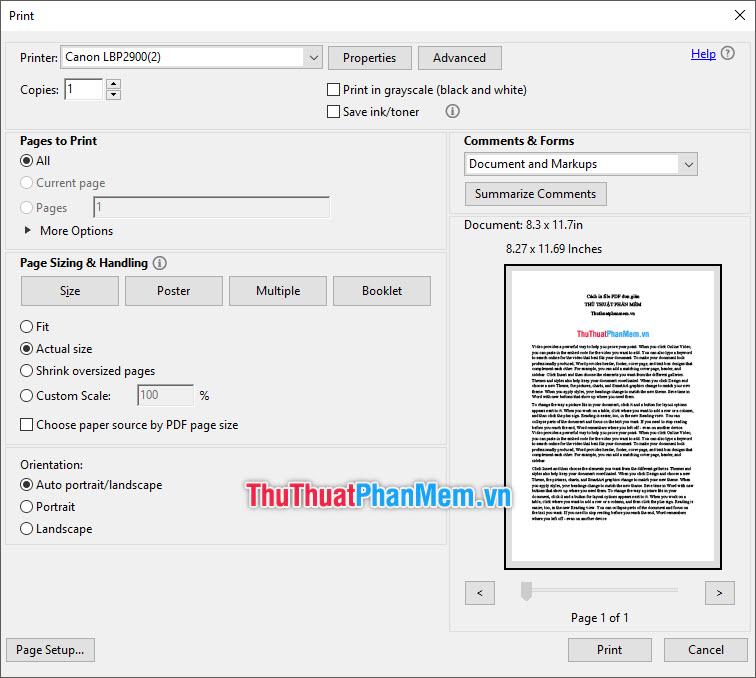 Giao diện in ấn file PDF