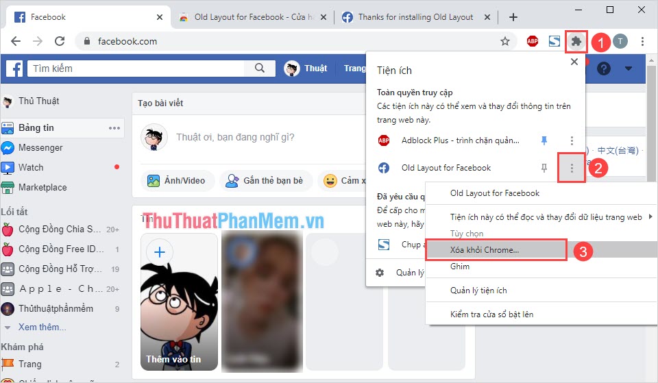 Gỡ tiện ích Old Layout for Facebook