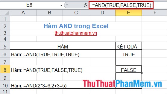 Hàm AND trong Excel 2