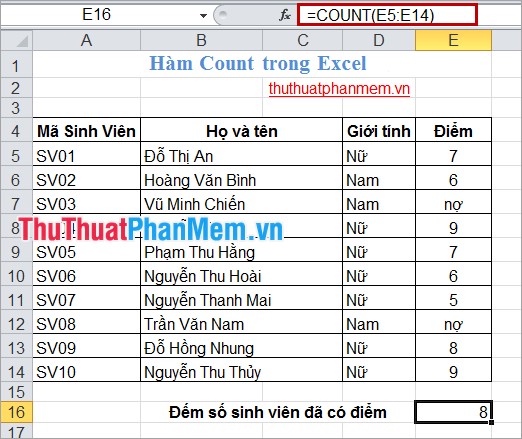 Hàm Count trong Excel 2