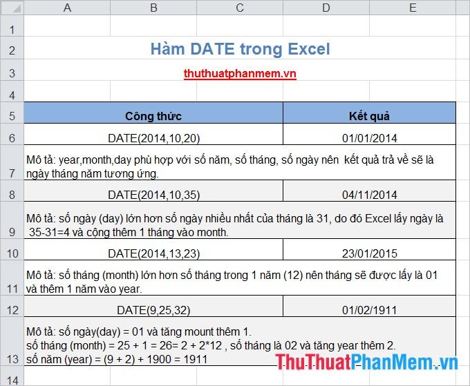 Hàm DATE trong Excel 2