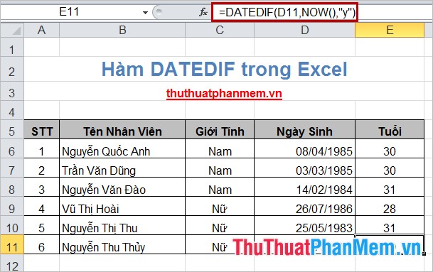 Hàm DATEIF trong Excel 2