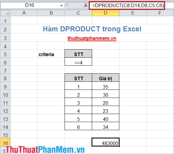 Hàm DPRODUCT trong Excel 4