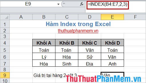 Hàm Index trong Excel 2