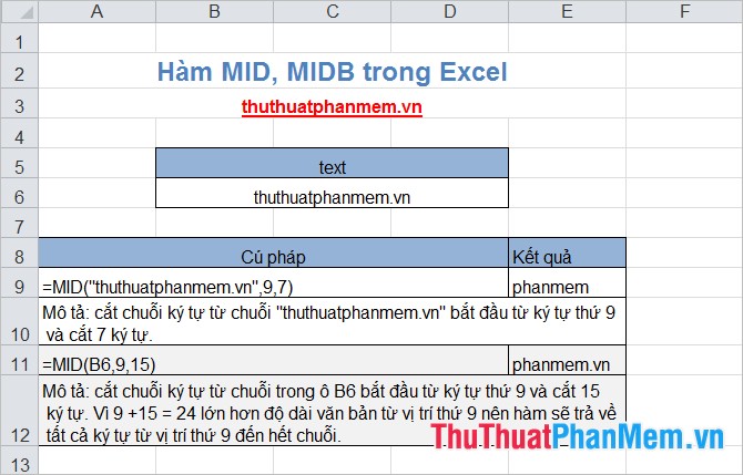 Hàm MID, MIDB trong Excel 2