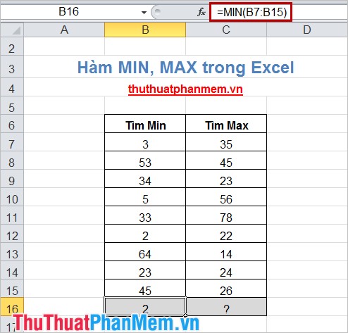 Hàm MIN, MAX trong Excel 2
