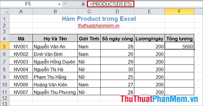 Hàm Product trong Excel 2