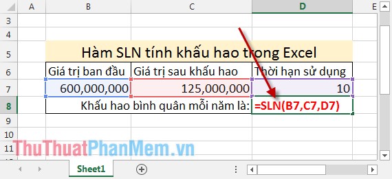 Hàm SLN tính khấu hao trong Excel 2