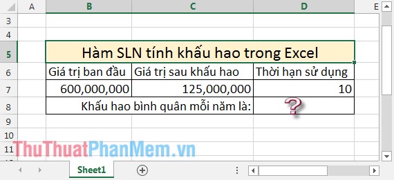 Hàm SLN tính khấu hao trong Excel