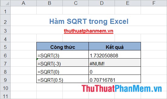 Hàm SQRT trong Excel 2