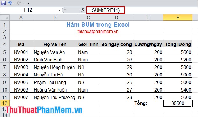 Hàm SUM trong Excel 2