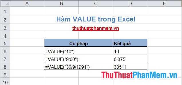 Hàm VALUE trong Excel 2
