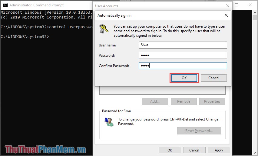 Hệ thống sẽ yêu cầu các bạn nhập mật khẩu máy tính Windows 10 và các bạn nhấn OK để hoàn tất