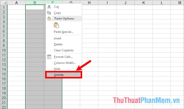 Hiển thị cột ẩn trong Excel
