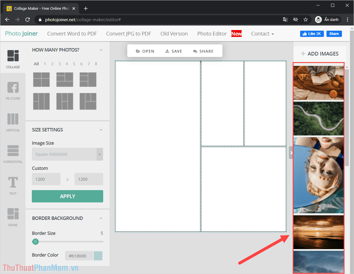 Hình ảnh sau khi được tải lên từ máy tính sẽ được hiển thị ở cột bên tay phải của giao diện làm việc