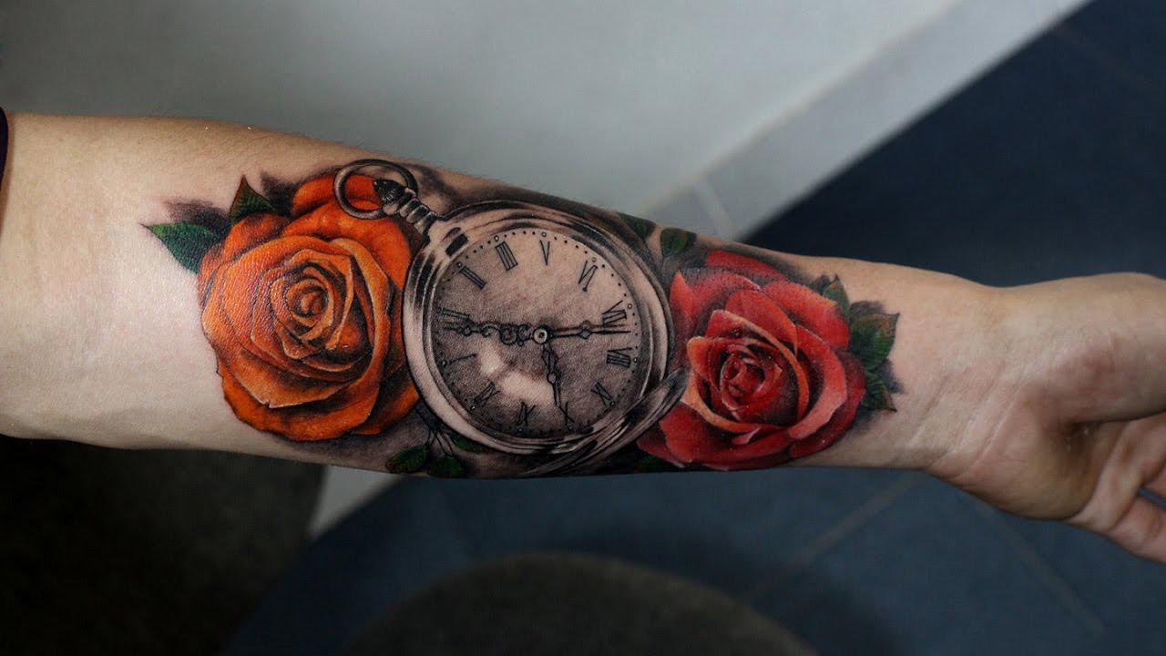 Hình xăm đồng hồ và hoa hồng đẹp nhất