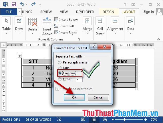 Hộp thoại Convert Table to Text