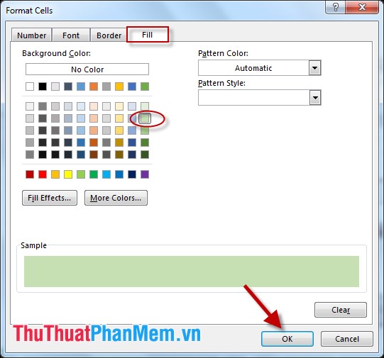 Hộp thoại Format Cell xuất hiện lựa chọn màu tô trong tab Fills