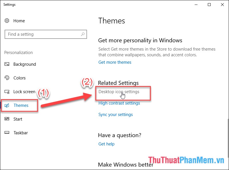 Hộp thoại Settings xuất hiện chọn mục Themes - chọn Desktop icon settings