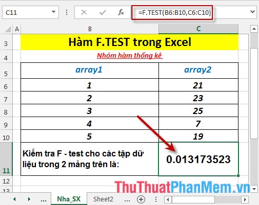 Kết quả kiểm tra F – test cho các tập dữ liệu trong 2 mảng