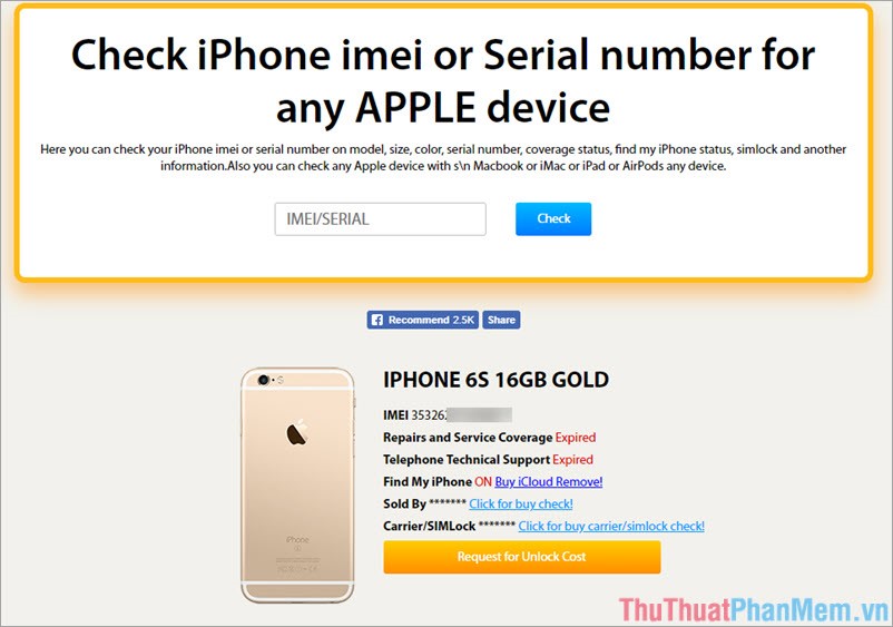 kết quả Kiểm tra IMEI iPhone qua trang web iUnlocker