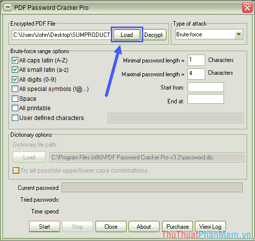 Khởi động phần mềm và chọn Load để tải file PDF cần phá mật khẩu